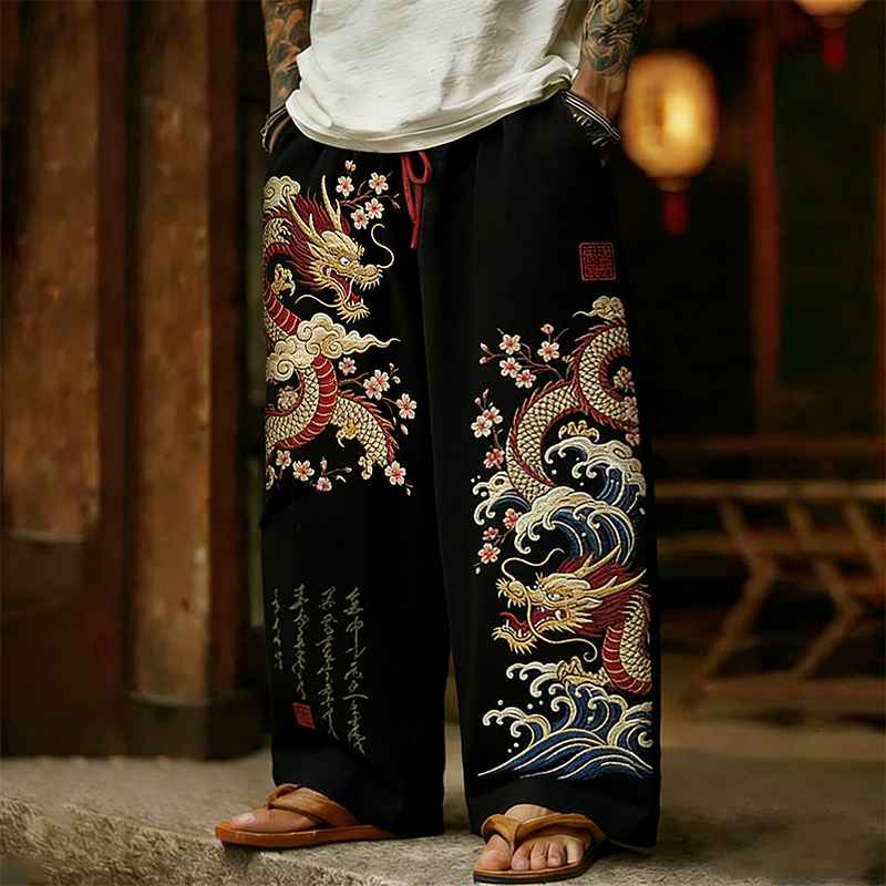 Men's Retro Japanese Dragon With Cherry Blossoms Art Linen Pants  artssus