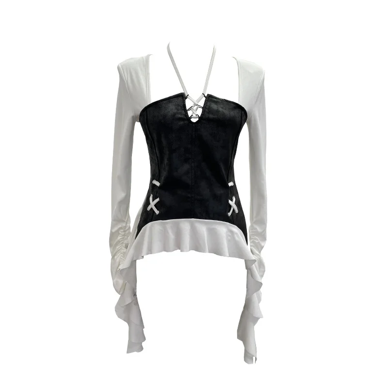 Nigikala Nigikala Tidal Irregular Hanging Neck Tie With Hollow Spliced Niche Pads On The Shoulder With Long-Sleeved T-Shirt 2695