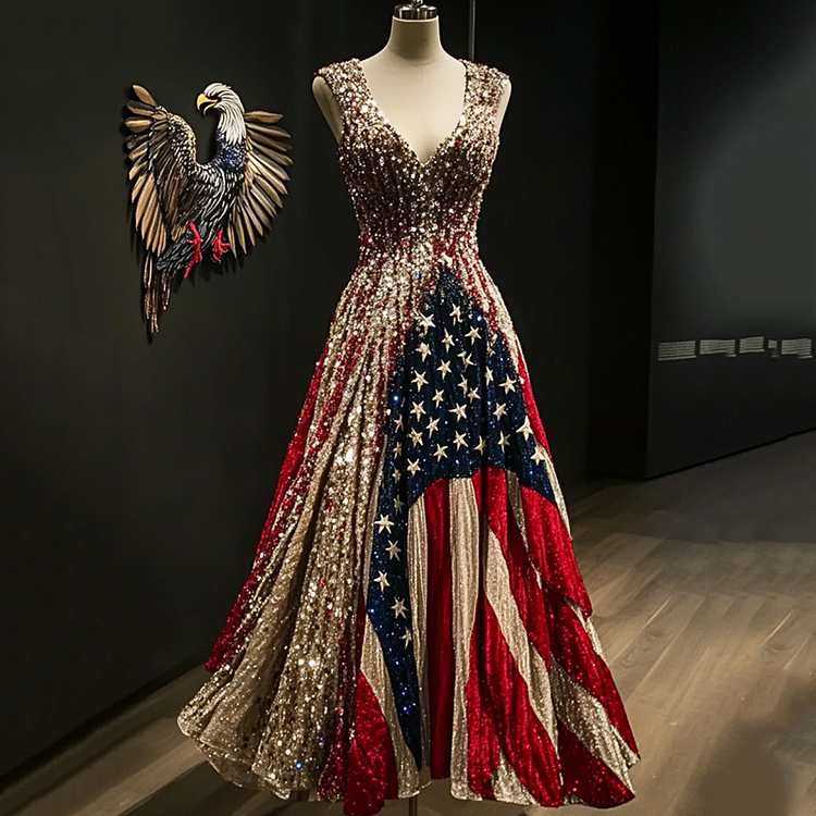 VChics Women's Independence Day Bald Eagle Design Maxi Dress