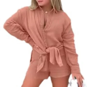 Uveng Uveng Women's Wrinkled Long-Sleeved Shirt High-Waist Shorts Fashion And Casual Two-Piece Set New