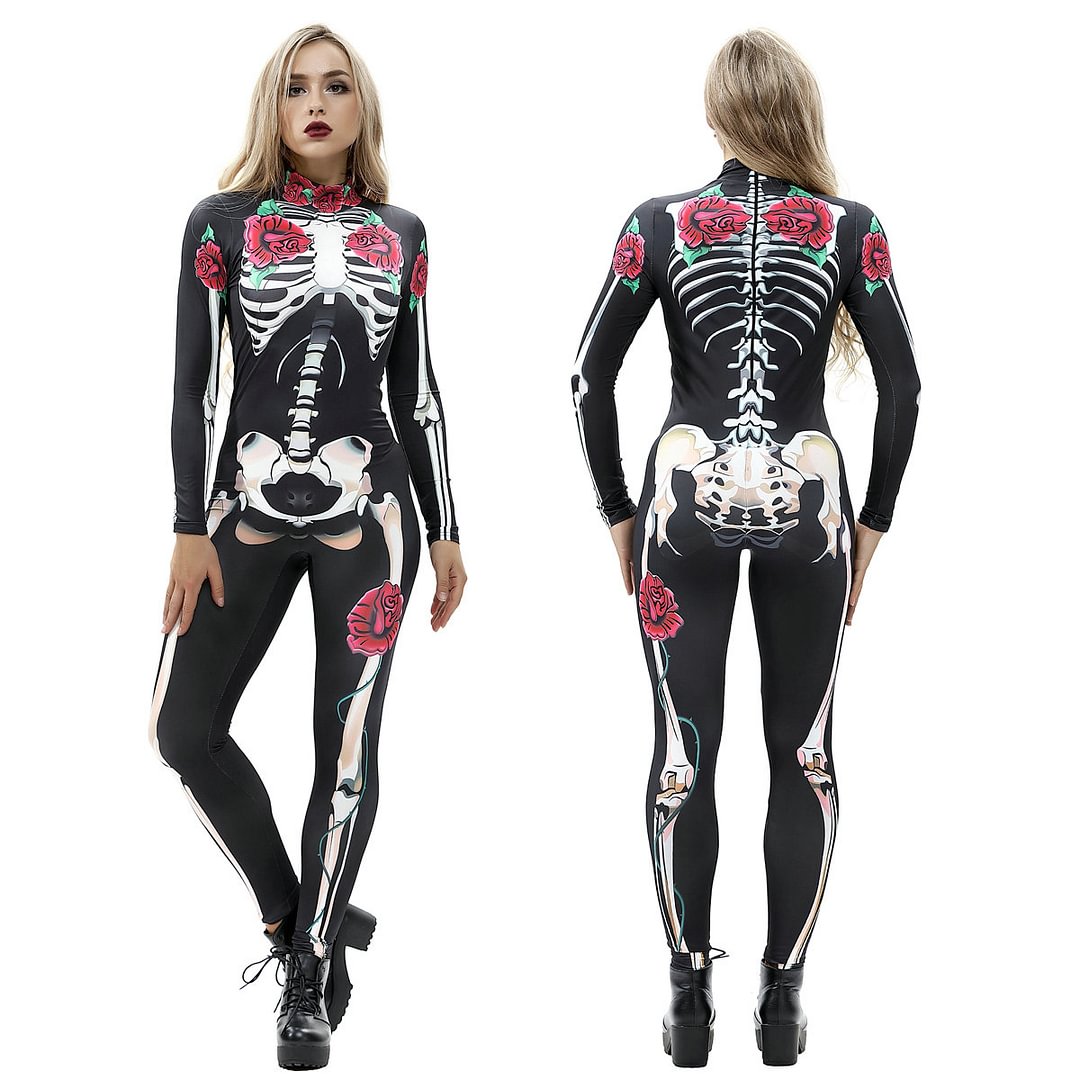 Skeleton Print Cosplay Costume Halloween Outfits Women Jumpsuit-Pajamasbuy