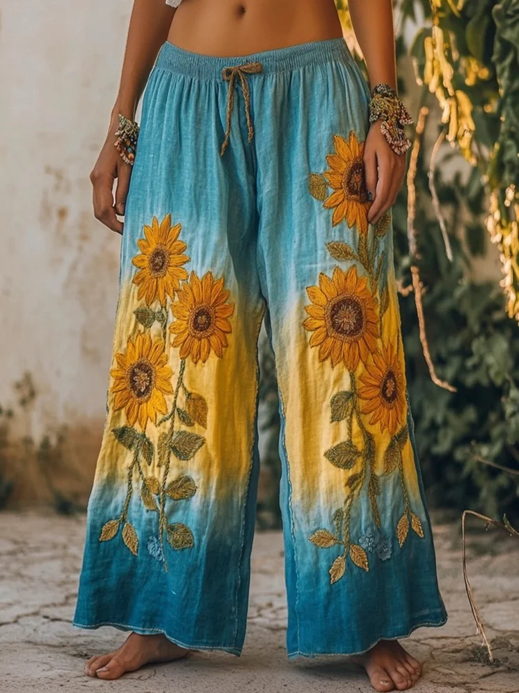 Utbros Boho Ethnic Sunflower Embroidered Gradient Linen Straight Leg Pant
