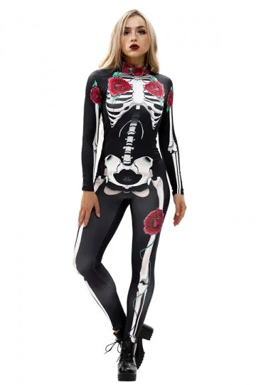 Fancy Rose Skeleton Bodysuit Adult Halloween Costume Red-elleschic