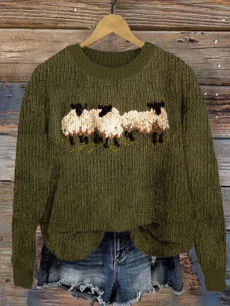 VChics Three Sheep Knit Art Crew Neck Cozy Sweater