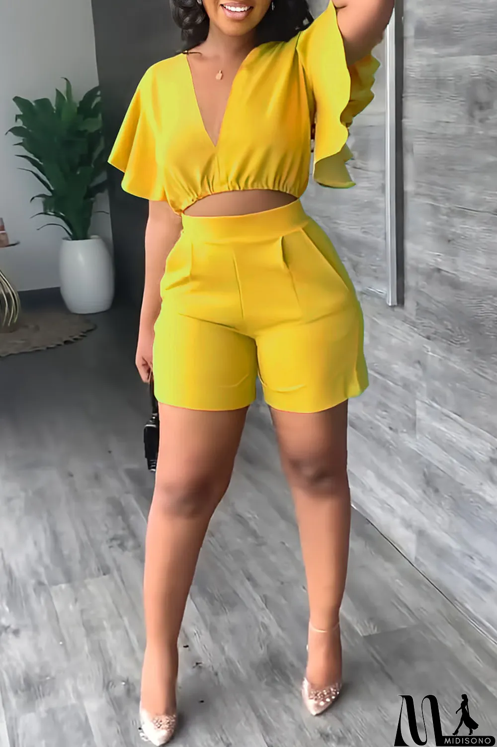 MidiSono - Yellow Casual Solid Patchwork Flounce V Neck Short Sleeve Two Pieces