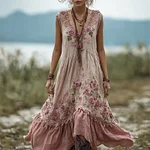 Vintage Pink Roses Embroidered Flowy Linen Maxi Dress - Image 2