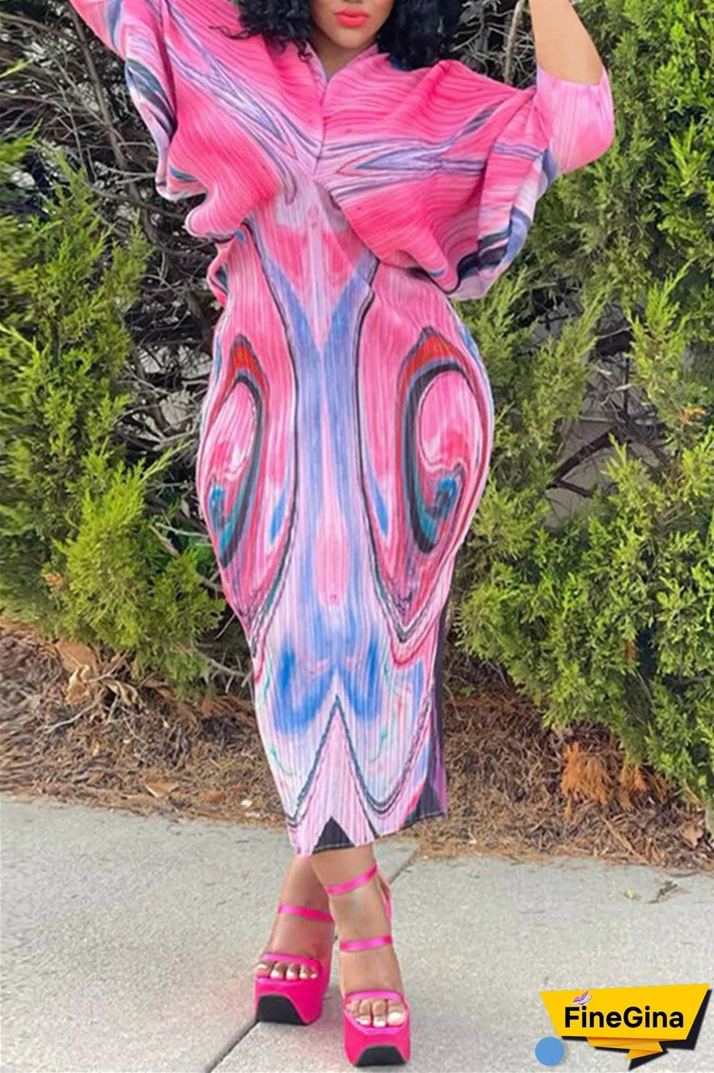 Pink Purple Casual Print Patchwork V Neck Pencil Skirt Plus Size Dresses