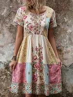 Vintage Boho Floral Patchwork Comfy Linen Midi Dress