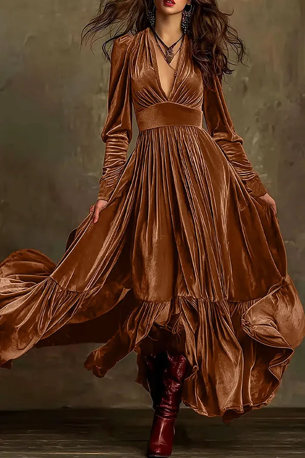 Fashionable Velvet V-neck Long-sleeved High-waisted Maxi Dress