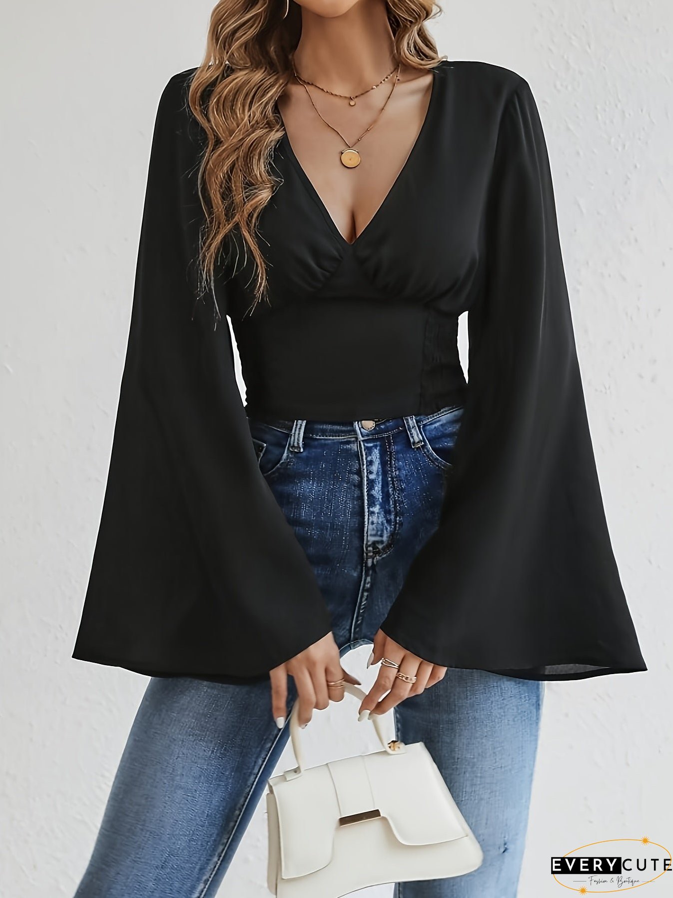 Solid V Neck Blouse, Casual Long Flare Sleeve Blouse For Spring & Fall, Women's Clothing