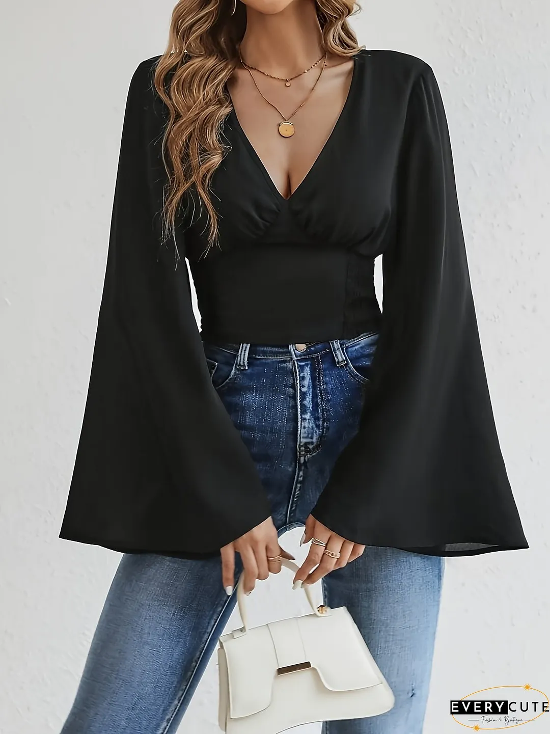 Solid V Neck Blouse, Casual Long Flare Sleeve Blouse For Spring & Fall, Women's Clothing