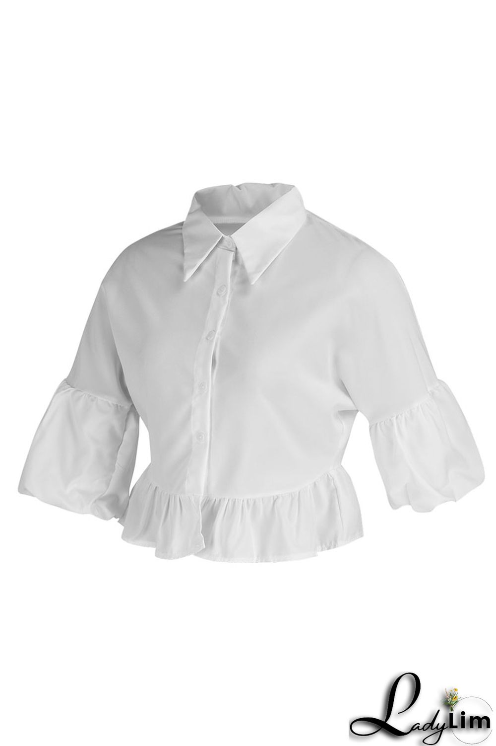 White Casual Solid Split Joint Buckle Turndown Collar Tops