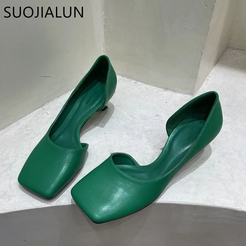 SUOJIALUN 2022 Spring New Women Pumps Sandal Ladies Elegant Low Kitten Heel Dress Shoes Square Toe Shallow Pumps Shoes for Work