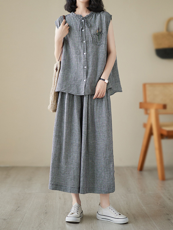 Chest Embroidery Plaid print Sleeveless Top And Wide Leg Pants Two-Piece Set