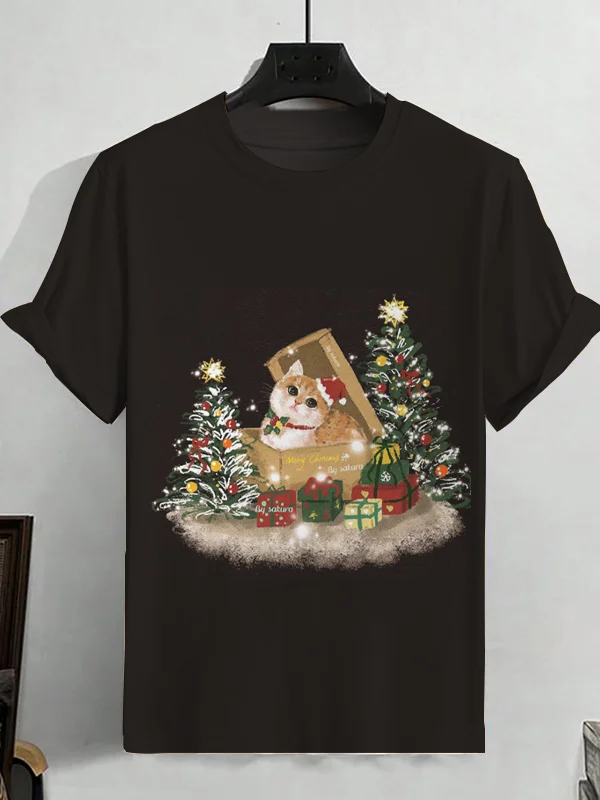Men's Christmas Trees Presents Cat Graphic Print Casual T-Shirt