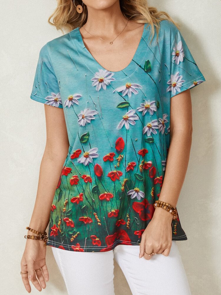 Flower Print V neck Short Sleeve T Shirt For Women P1820915