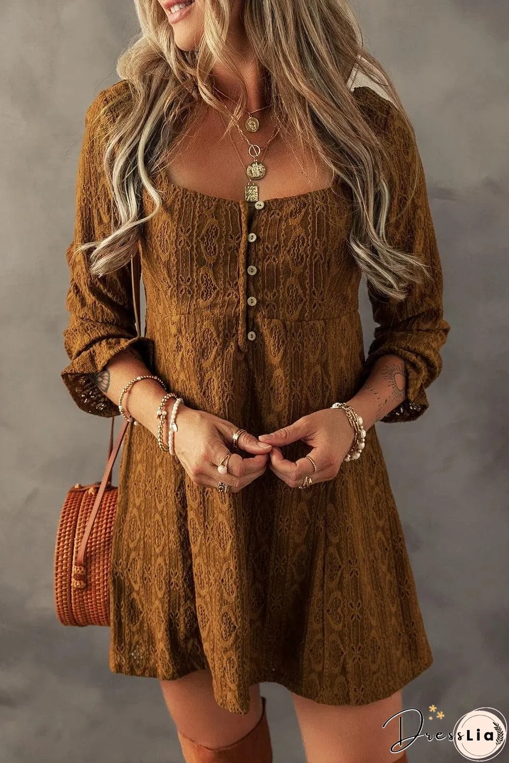 Chestnut Lace Crochet Buttoned Square Neck Shift Mini Dress