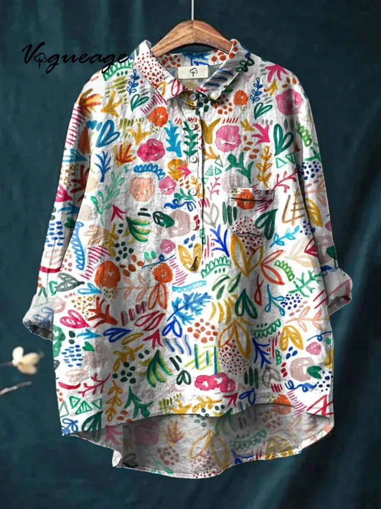 Colorful Fashion Casual Bright Hand Painted Flowers Print Cotton And Linen Shirt