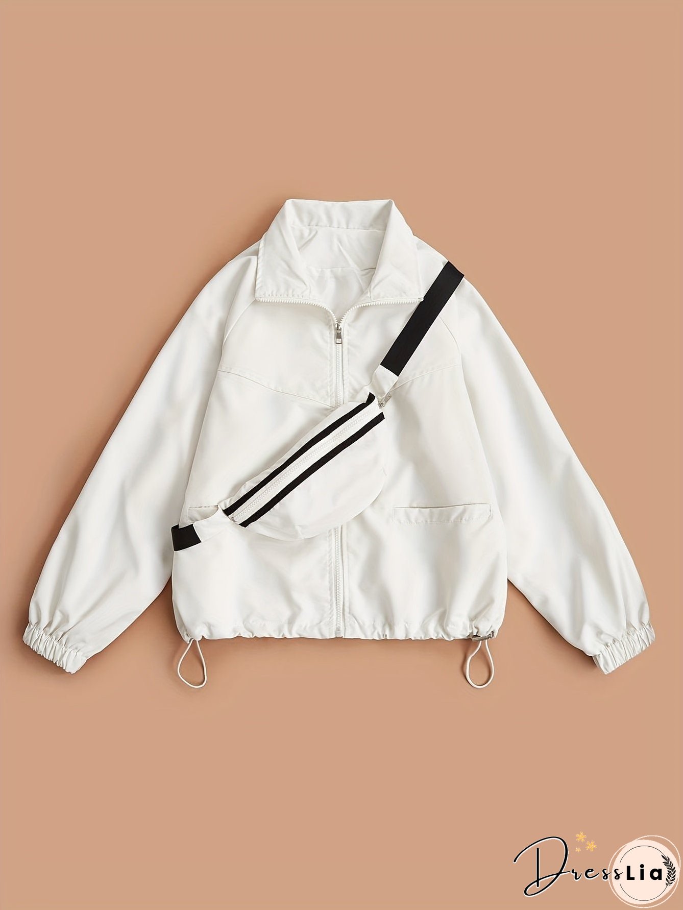 Solid Zip Up Jacket, Casual Long Sleeve Windproof Daily Outerwear With Bag, Women's Clothing