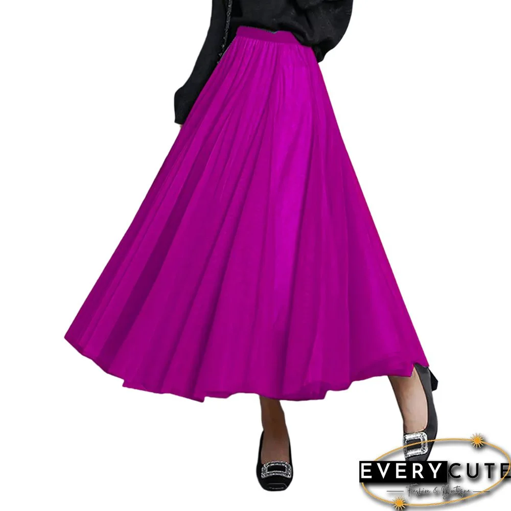 Rosy Mesh Pleated Swing Maxi Skirt