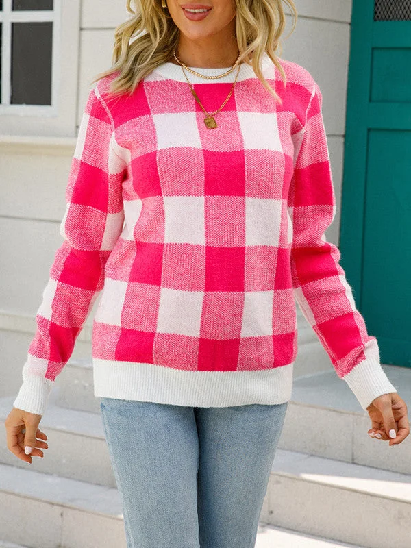 Crew Neck Knitted Pullover Plaid Sweater