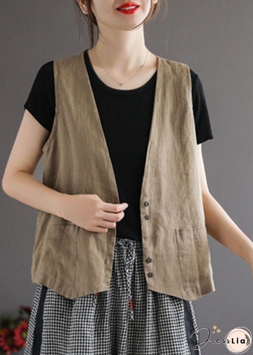 Plus Size Orange V Neck Pockets Linen Vest Tops Sleeveless