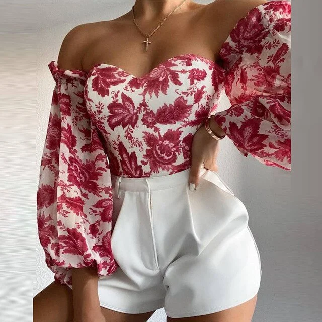 Elegant Floral Print Strapless Chiffon Shirt Fashion Women Off Shoulder Halter Sexy Blouse Shirt Summer Backeless Tops 3XL