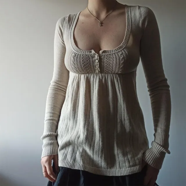2000s Vintage Long Sleeve Babydoll Knitted Sweater Tops Cottage Milkmaid Pullovers Aesthetic Grunge Y2k Knitwear T-shirts Women 