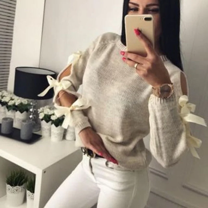2021 Winter Women Knitted Pullover Lace Up Sweaters Casual Long Sleeve Hollow Out Bow Pull Femme Fashion Ladies Sweter