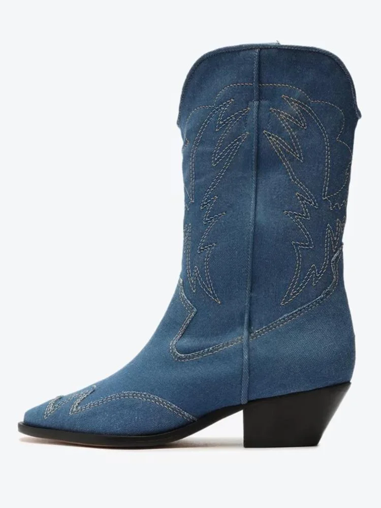 Denim Blue Eagle Embroidered Cowgirl Wide Mid Calf Boots Block Mid Heel Western Boots