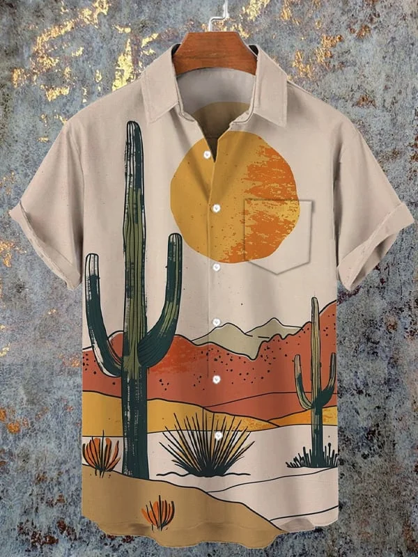 Men's Retro Western Totem Print Pocket Short Sleeve Shirt