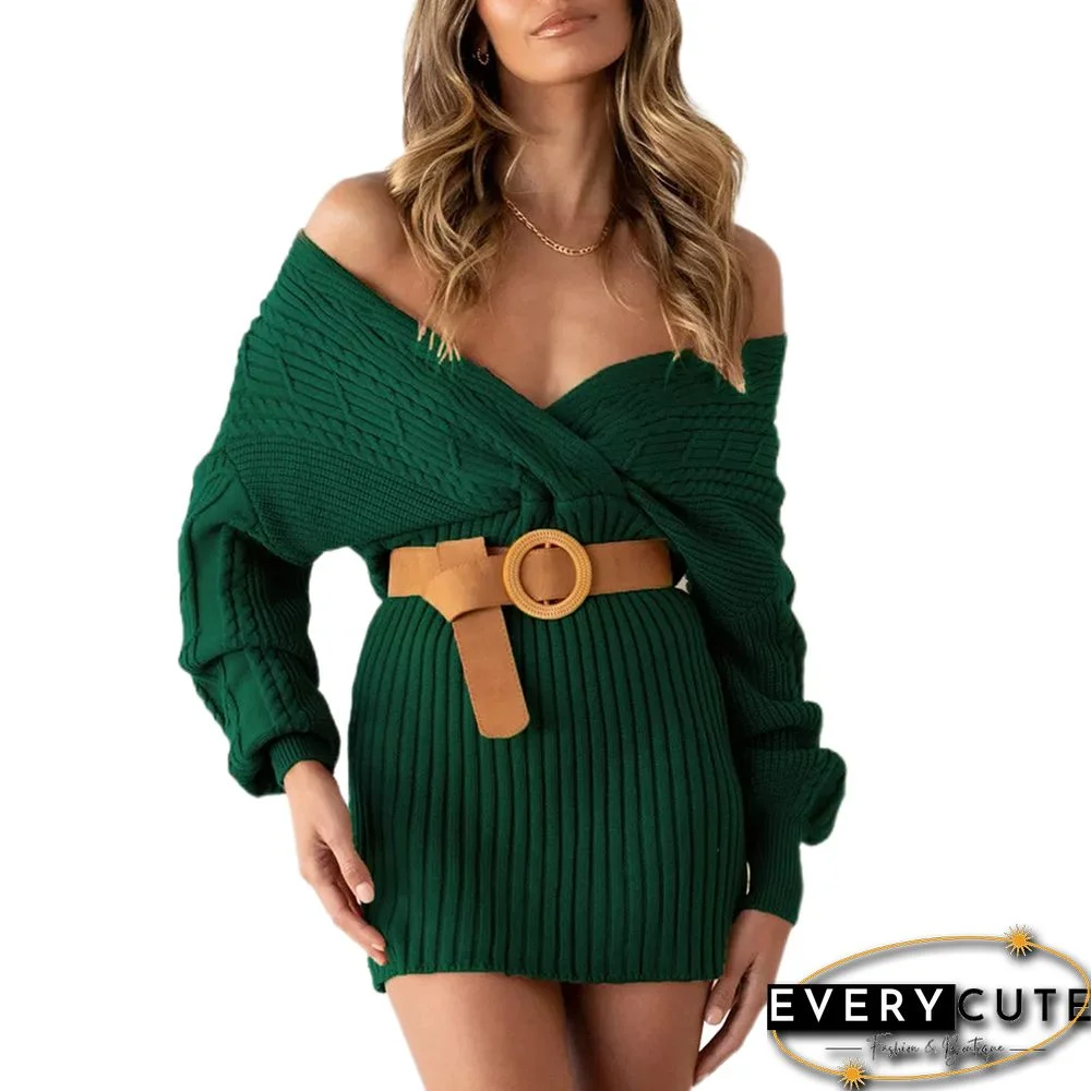 Green V Neck Cable Knit Sweater Dress