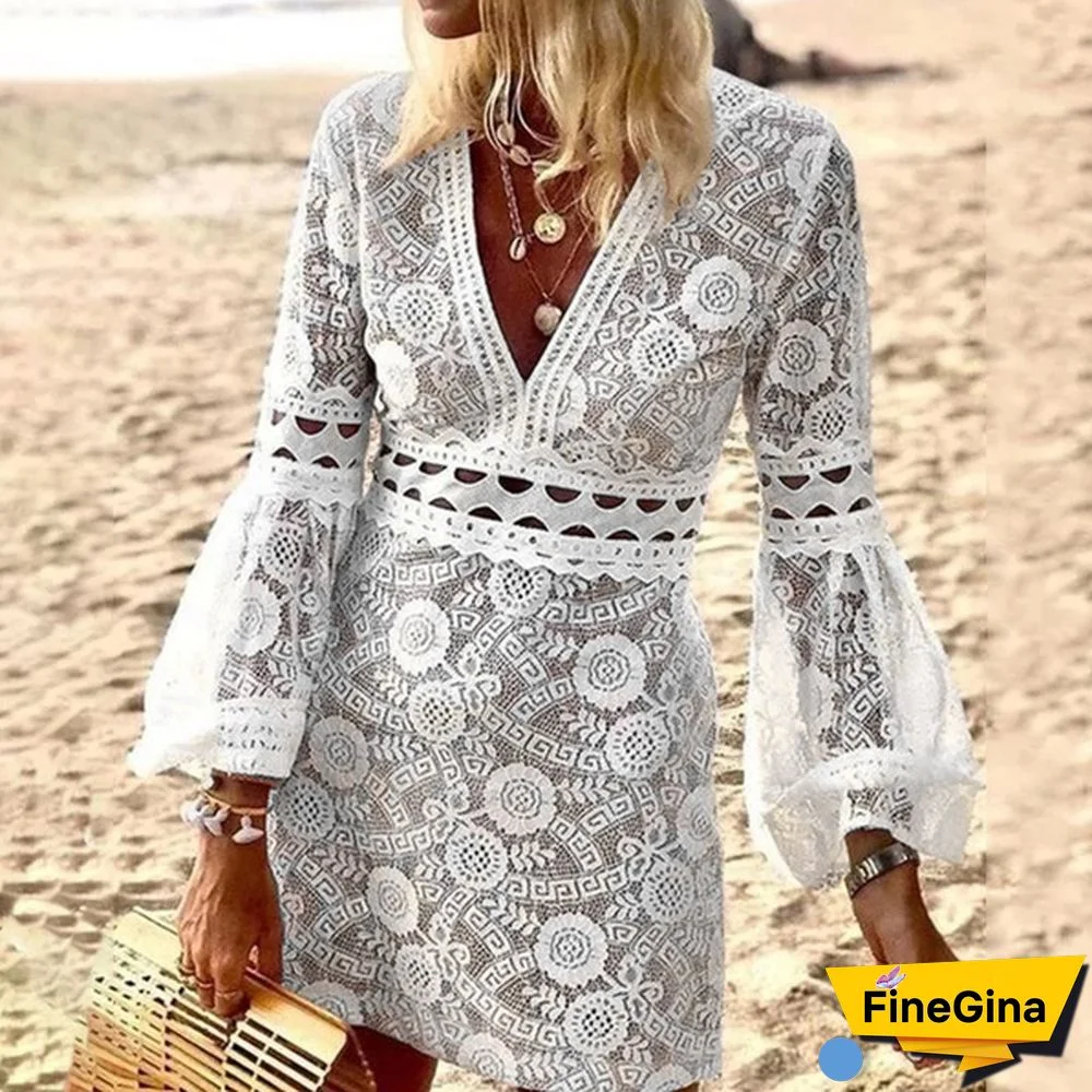 Women Flare Long Sleeve Mini Dress Lace Hollow Out Deep V Neck Party Casual Short Dress Plus Size