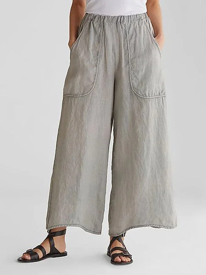 Solid Color Cotton Linen Pocket Wide Leg Pants