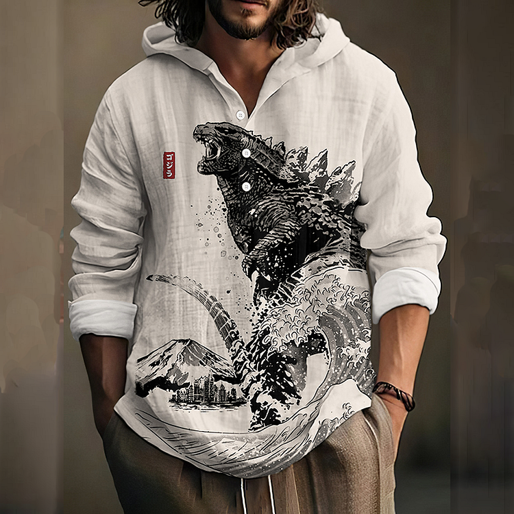 Men's Japanese Godzilla Art Print Hooded Shirt
