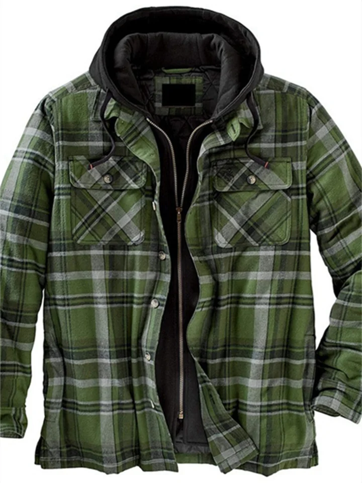Men's Puffer Jacket Winter Jacket Quilted Jacket Shirt Jacket Winter Coat Warm Casual Plaid / Check Outerwear Clothing Apparel Green Blue Red & White-Cosfine