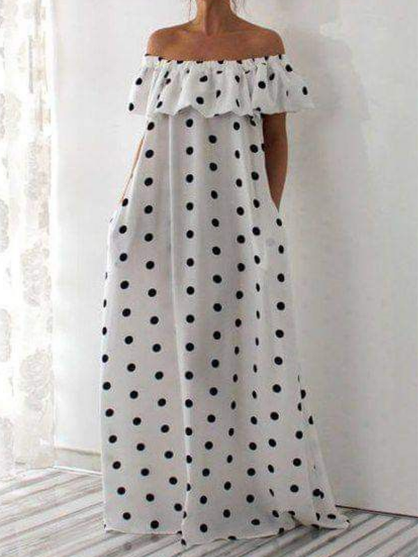 Polka-Dot Falbala Loose Off-The-Shoulder Maxi Dresses