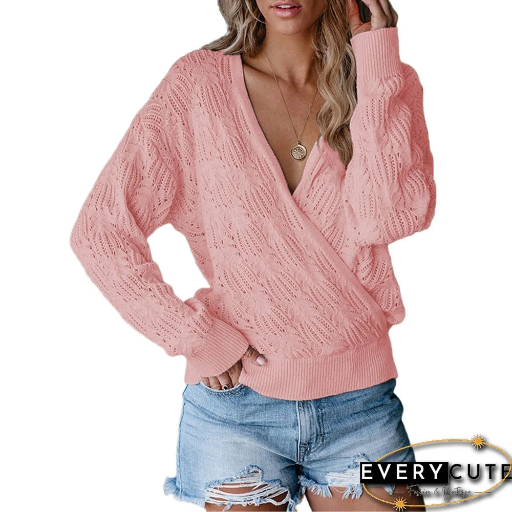 Pink Hollow Out V Neck Sweater