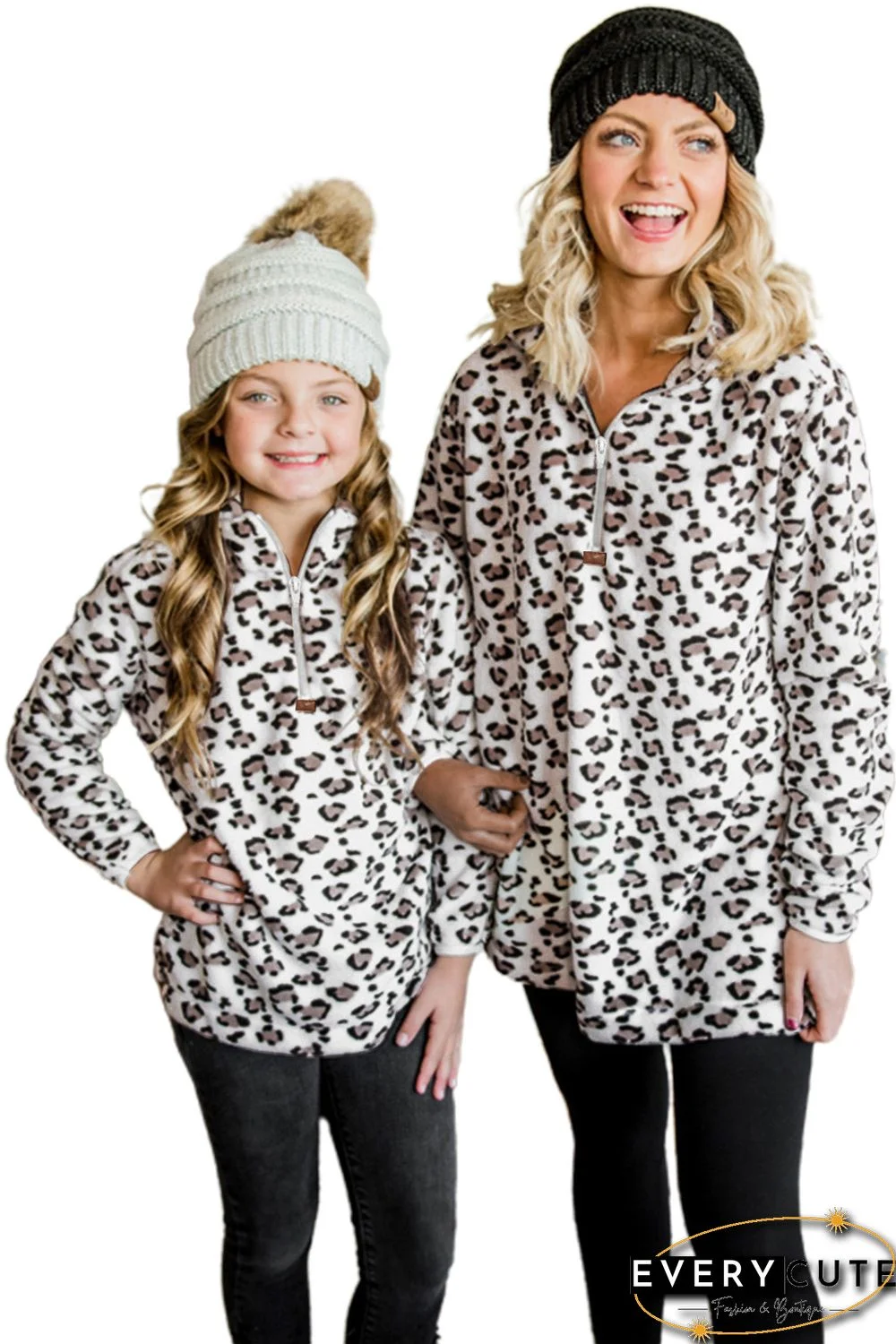 White Family Matching Mom's Leopard Quarter Zip Fleece Sweatshirt