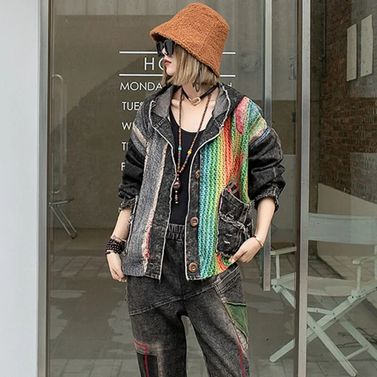 Retro Lapel Asymmetrical Rainbow Striped Printed Long Sleeve Denim Jacket