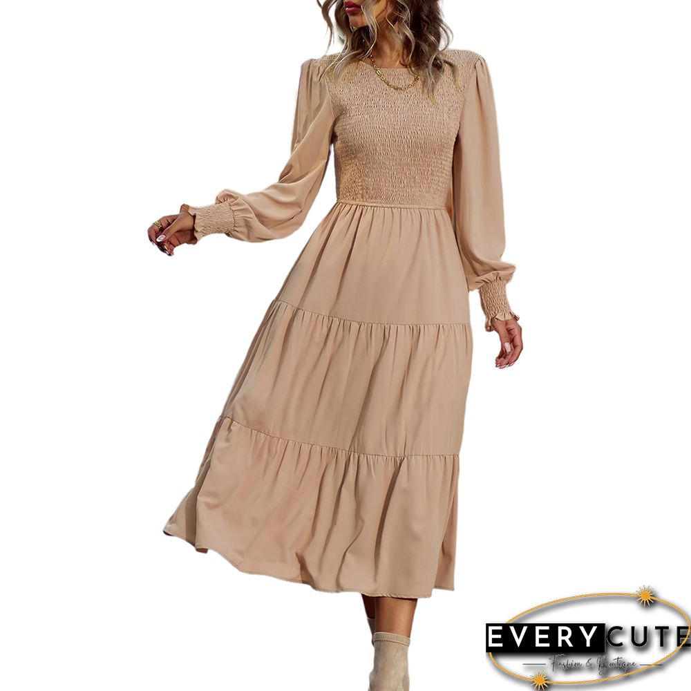 Khaki Crew Neck Smocked Swing Midi Dress