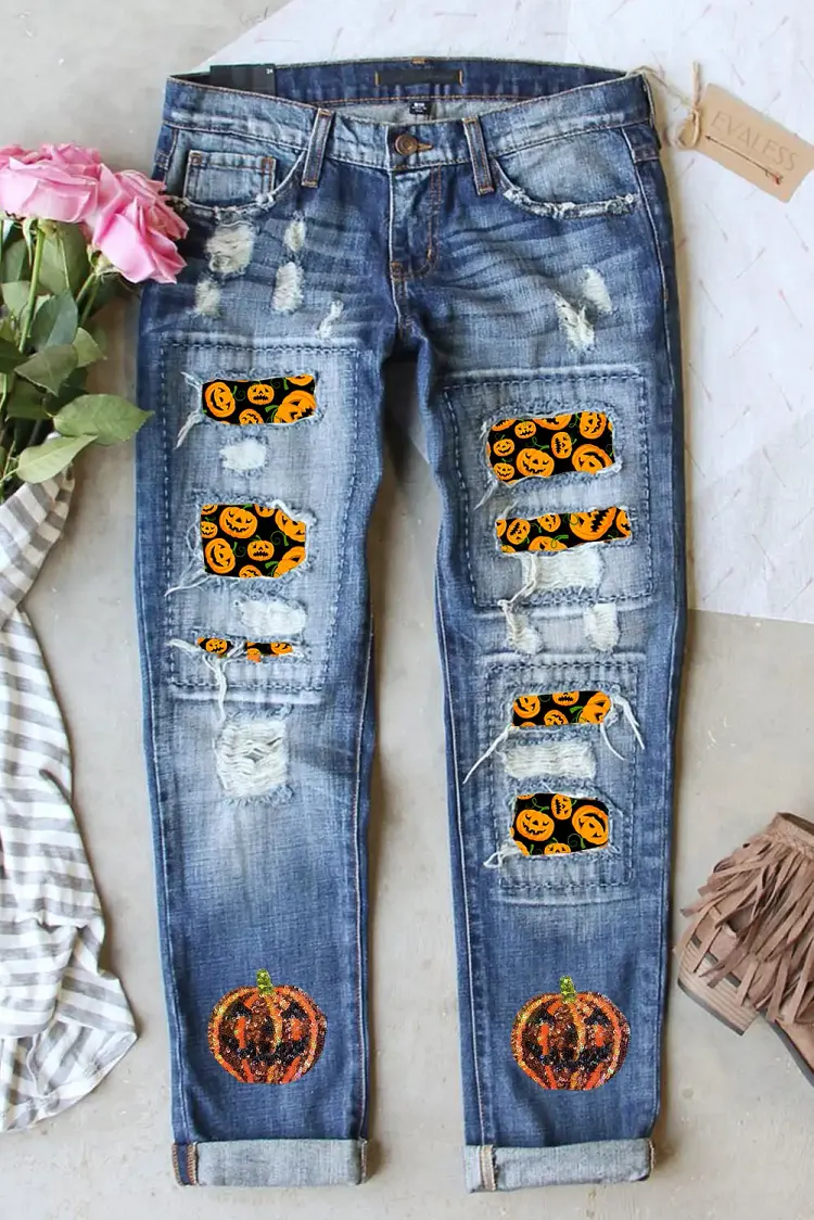 festive pumpkin patchwork distressed jeans