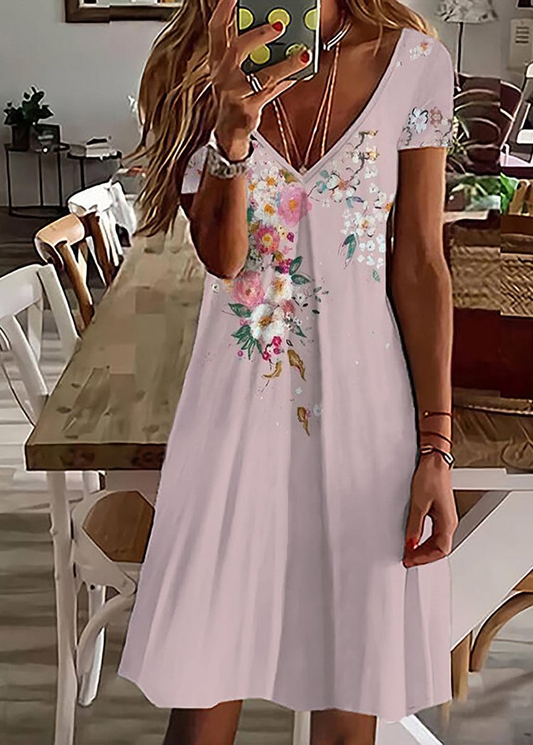 Print V Neck Short Sleeve Dress