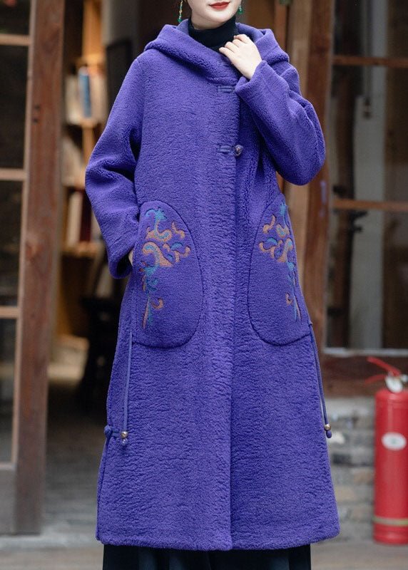 Elegant Purple Hooded Embroideried Tassel Teddy Faux Fur Coats Winter