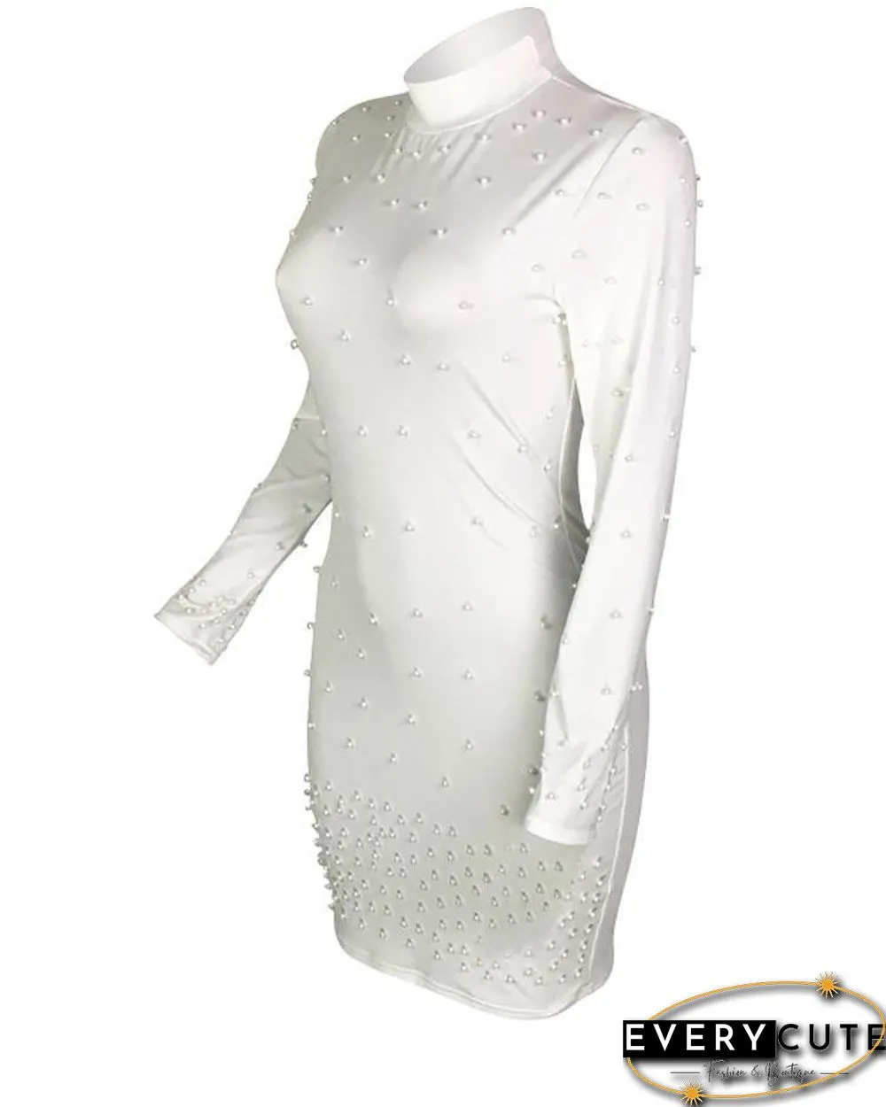 Beading Embellished Long Sleeve Bodycon Dress White Dresses