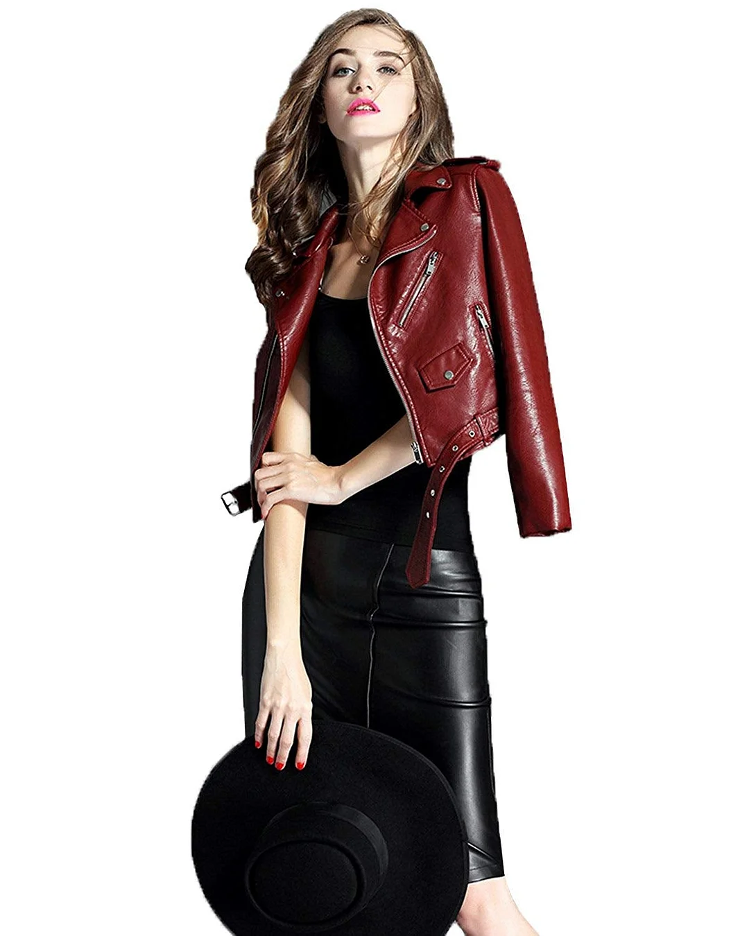 Women's Faux Leather Motorcycle Jacket PU Slim Short Biker Coat