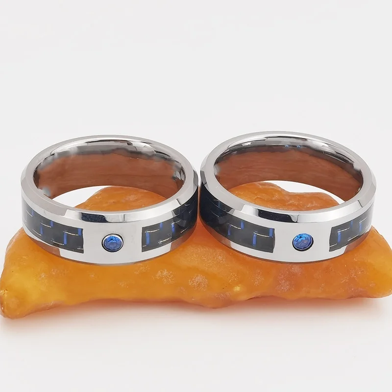 6MM 8MM Mens Women Tungsten Blue Cz Blue Carbon Fiber Inlay Men Womens Wedding Bands Comfort Fit Couple