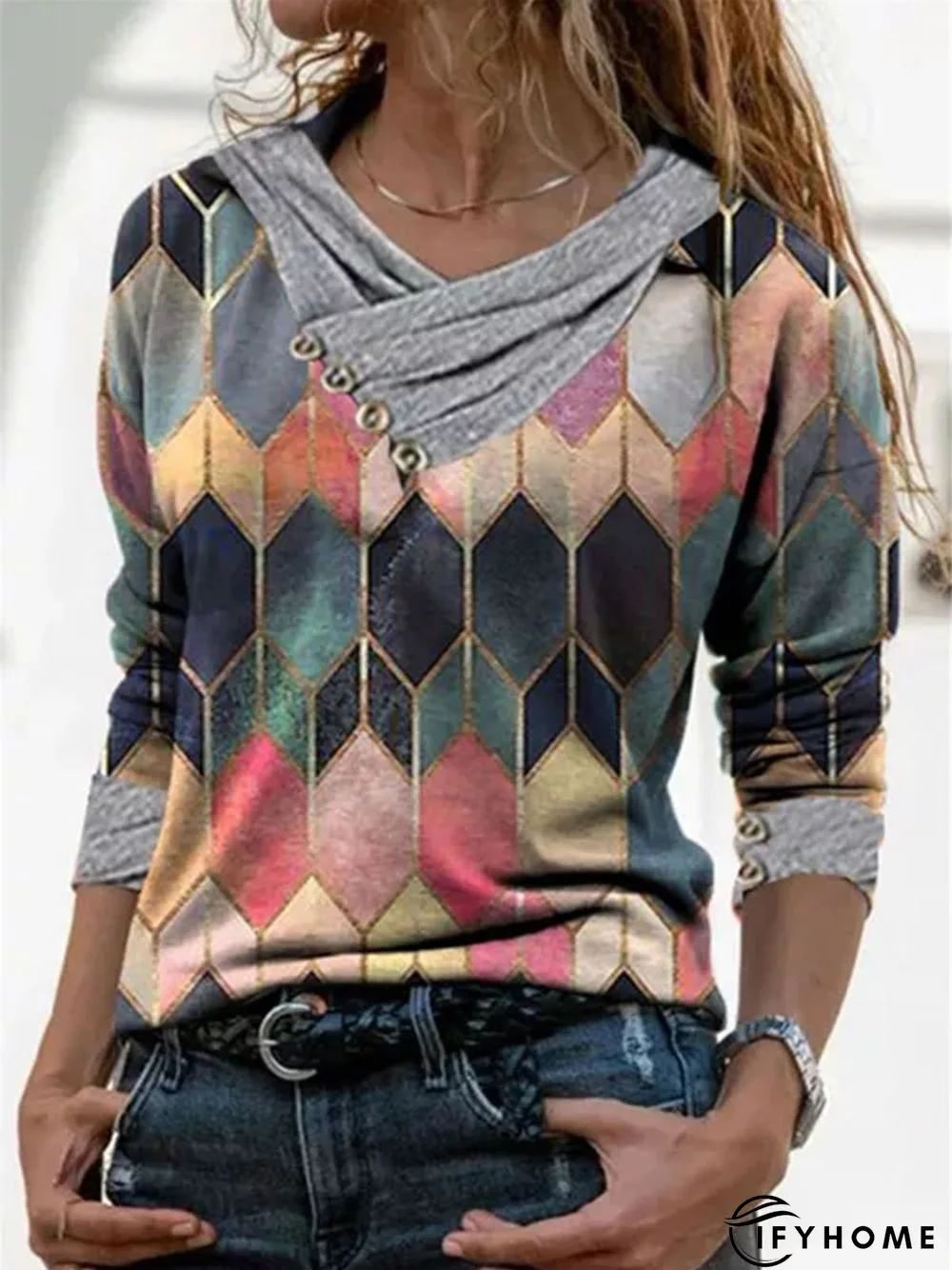 Women Casual Geometric Color Block V-Neck Long Sleeve Top | IFYHOME