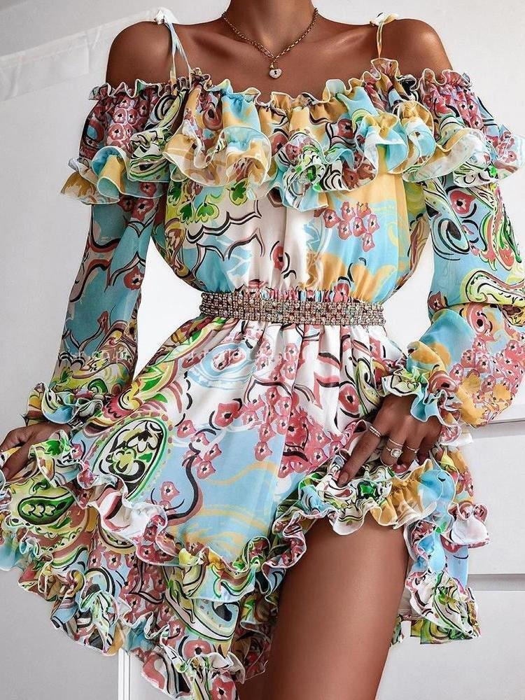High Waist Floral Print Suspender Skirt