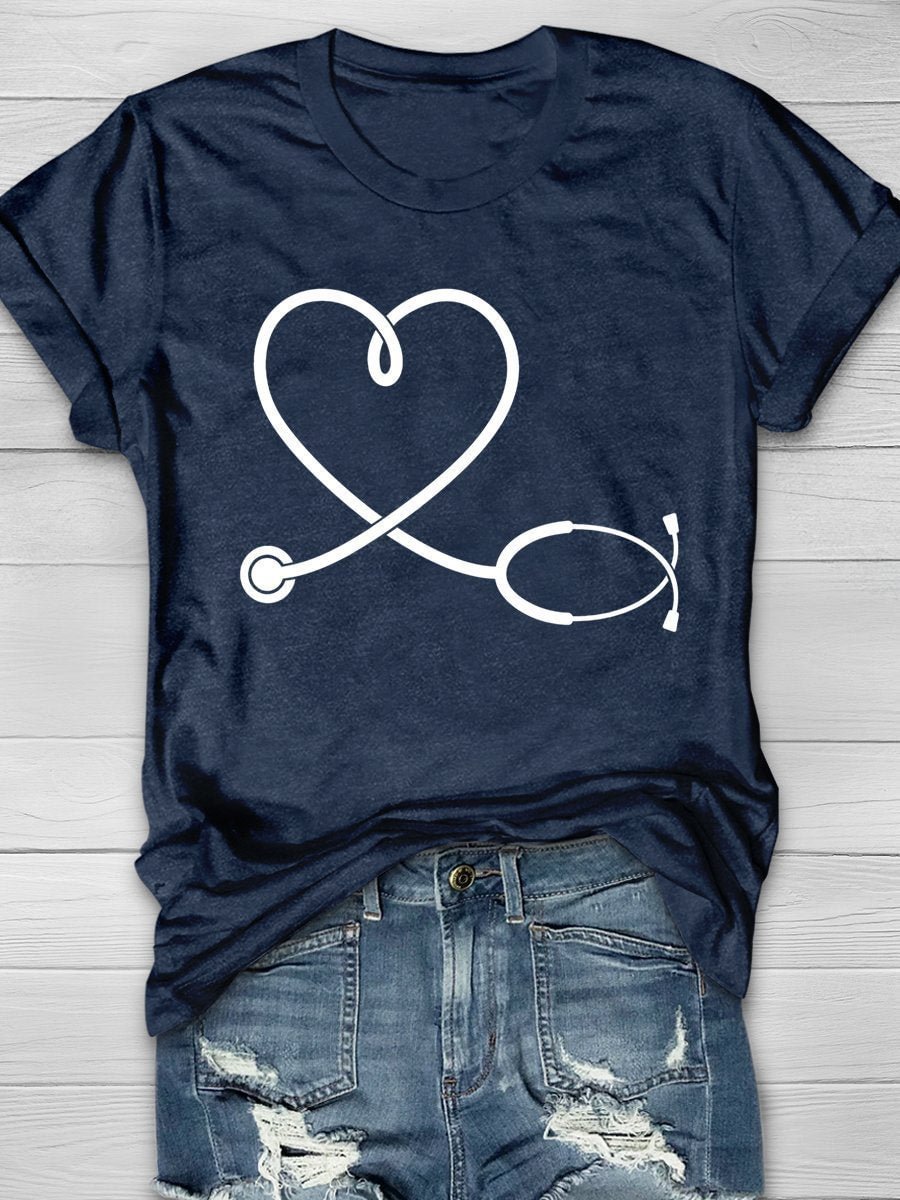 Nurse Stethoscope Love Print Short Sleeve T-shirt